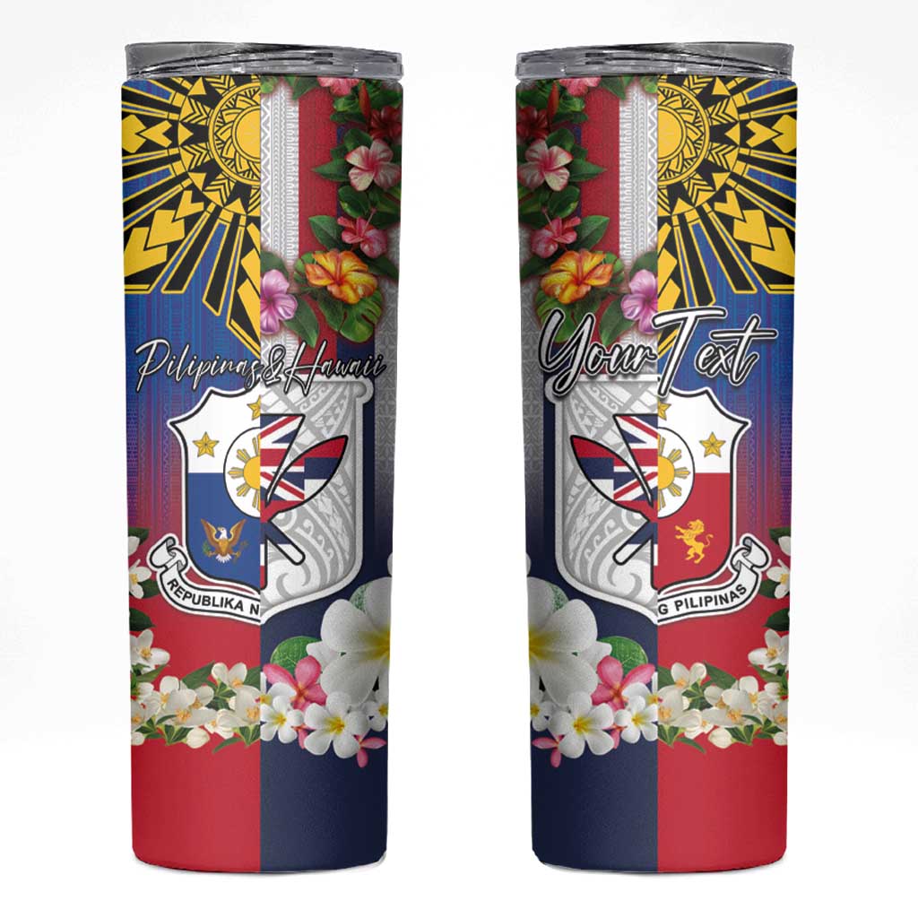 Personalised Hawaii and Philippines Together Skinny Tumbler The Emblems with Cultural Symbols Blue-Red Gradient