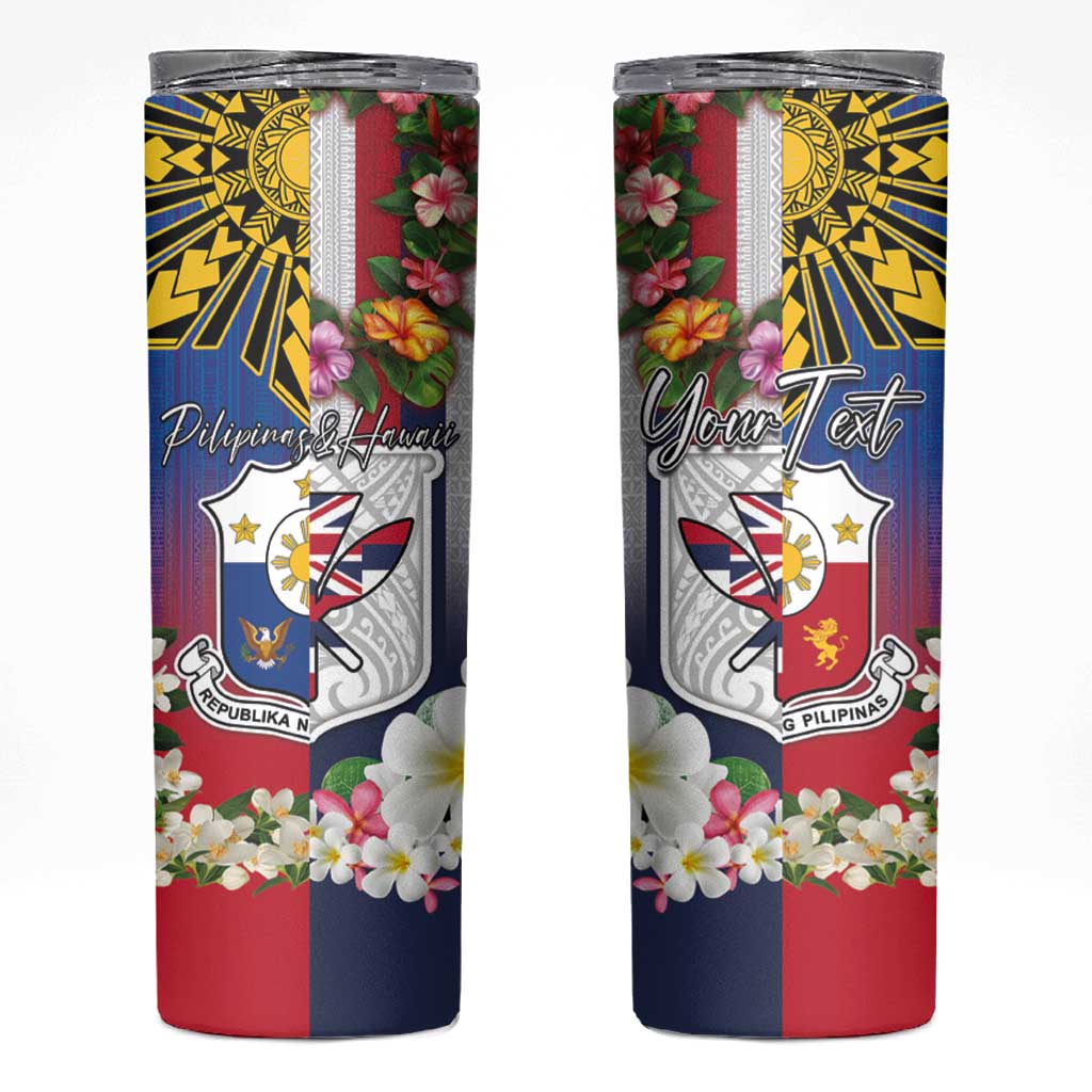 Personalised Hawaii and Philippines Together Skinny Tumbler The Emblems with Cultural Symbols Blue-Red Gradient