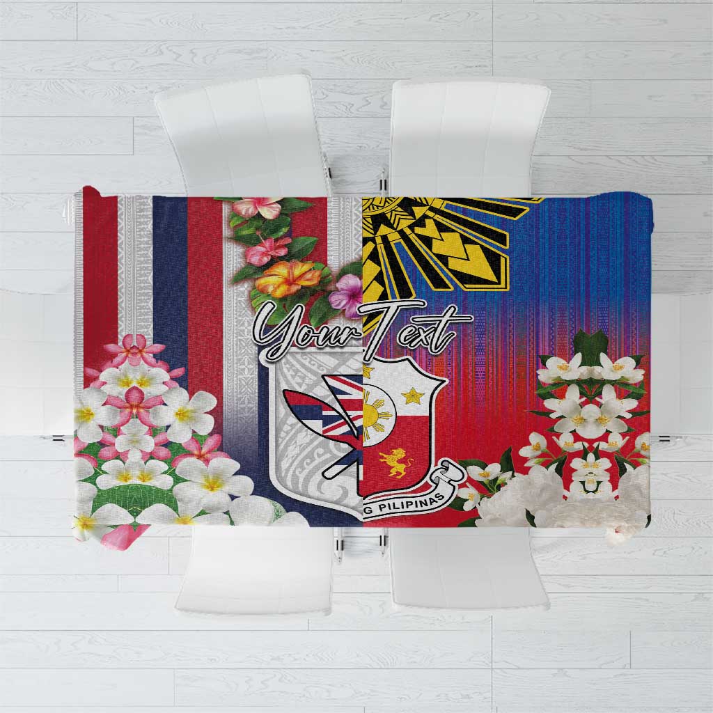 Personalised Hawaii and Philippines Together Tablecloth The Emblems with Cultural Symbols Blue-White-Red Tricolor