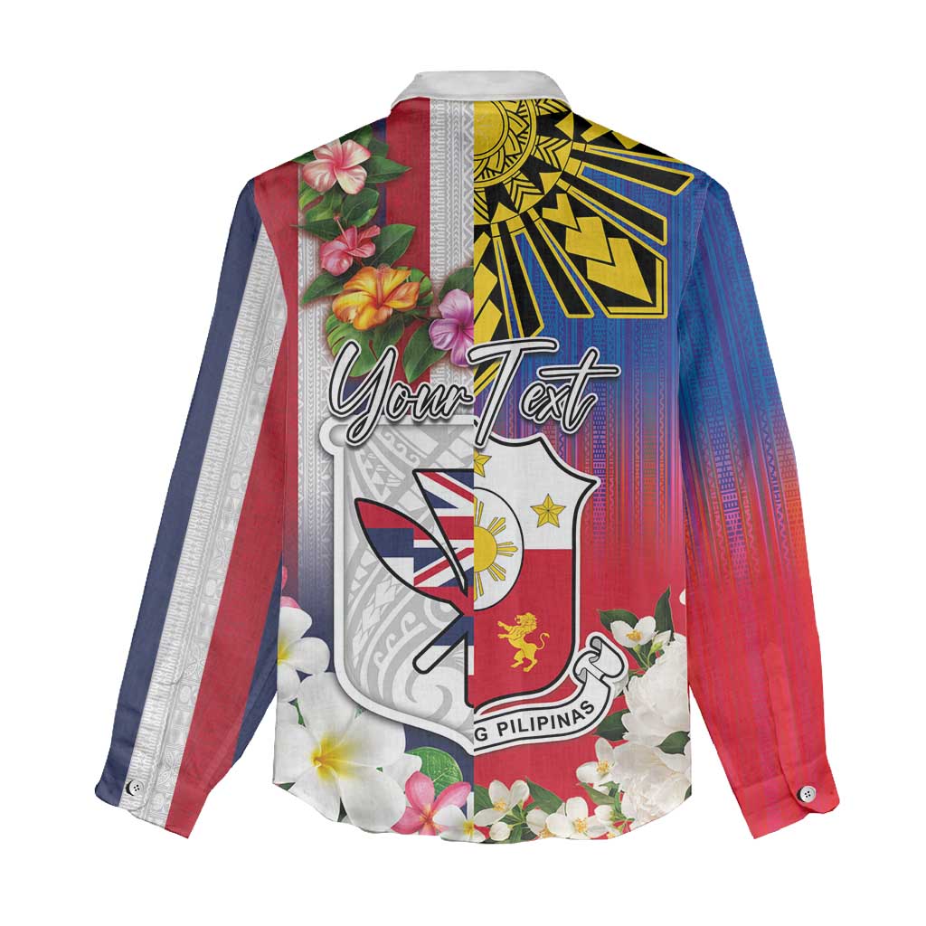 Personalised Hawaii and Philippines Together Women Casual Shirt The Emblems with Cultural Symbols Blue-White-Red Tricolor