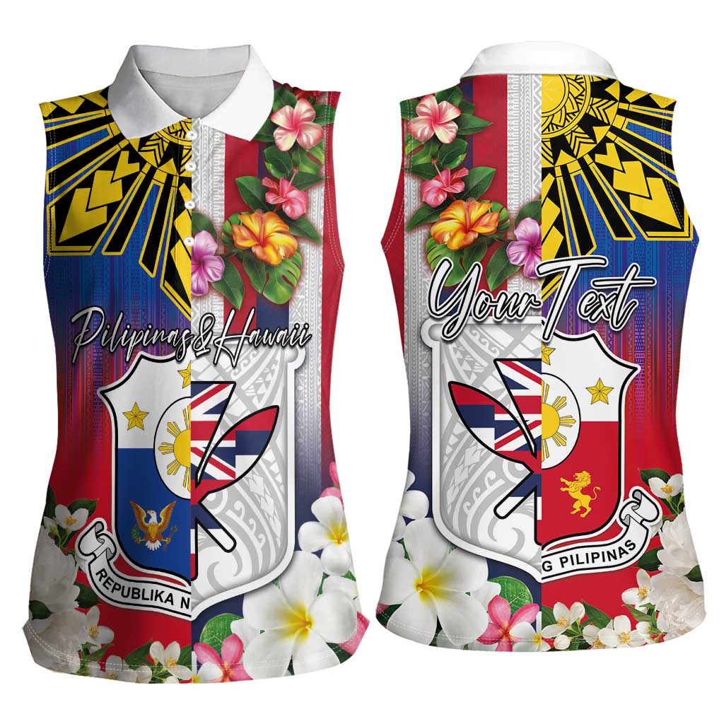 Personalised Hawaii and Philippines Together Women Sleeveless Polo Shirt The Emblems with Cultural Symbols Blue-White-Red Tricolor LT03 - Polynesian Pride