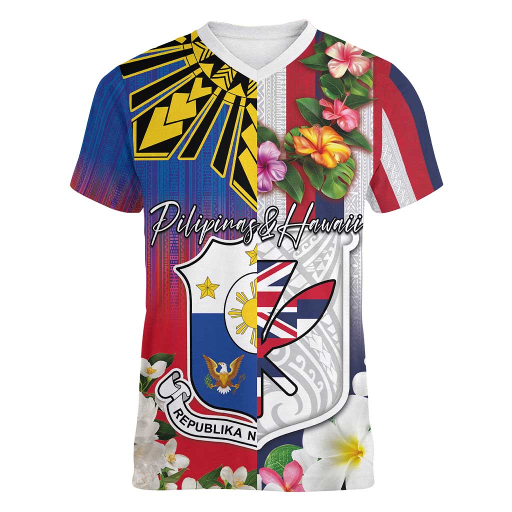 Personalised Hawaii and Philippines Together Women V-Neck T-Shirt The Emblems with Cultural Symbols Blue-White-Red Tricolor