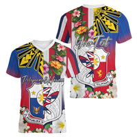 Personalised Hawaii and Philippines Together Women V-Neck T-Shirt The Emblems with Cultural Symbols Blue-White-Red Tricolor