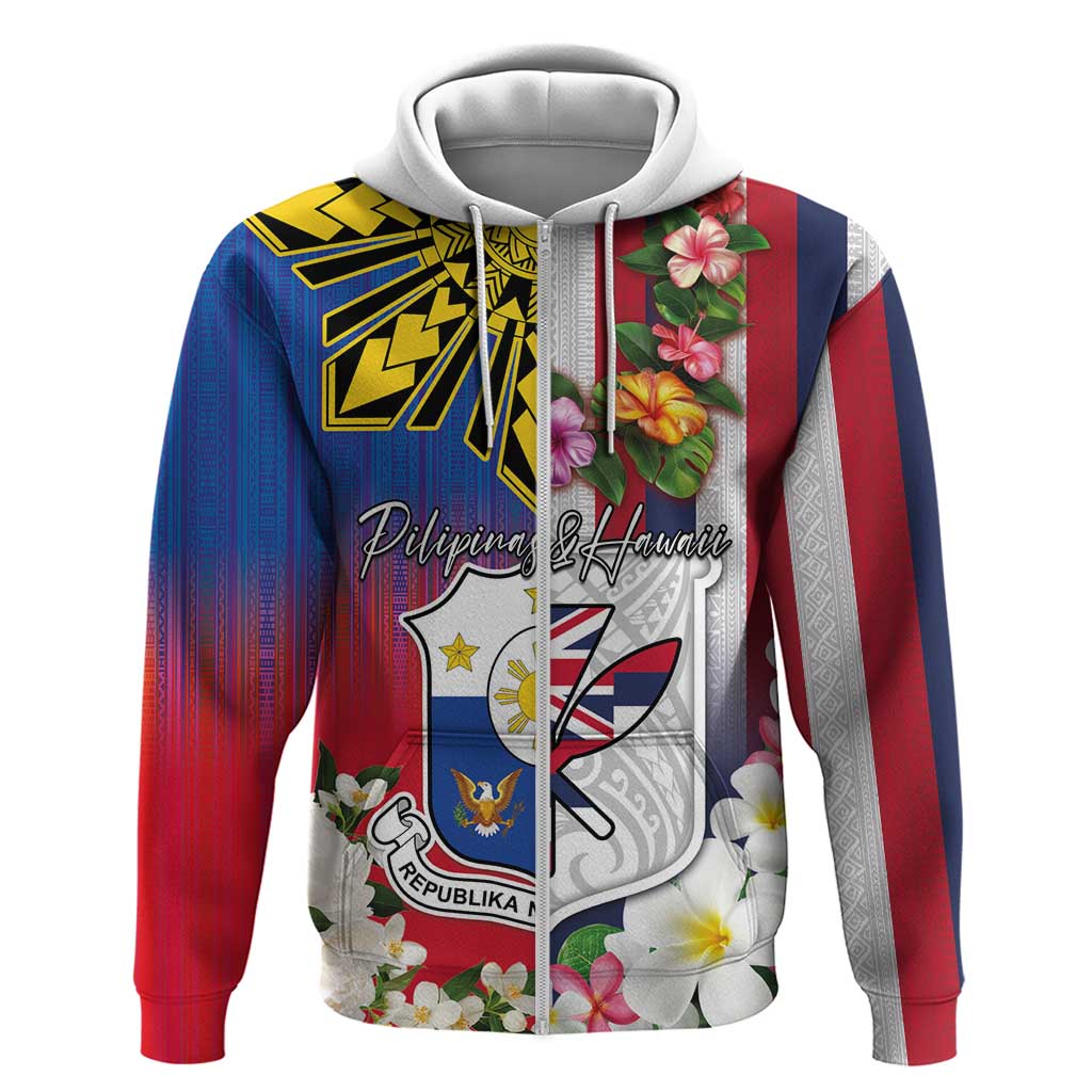 Personalised Hawaii and Philippines Together Zip Hoodie The Emblems with Cultural Symbols Blue-White-Red Tricolor