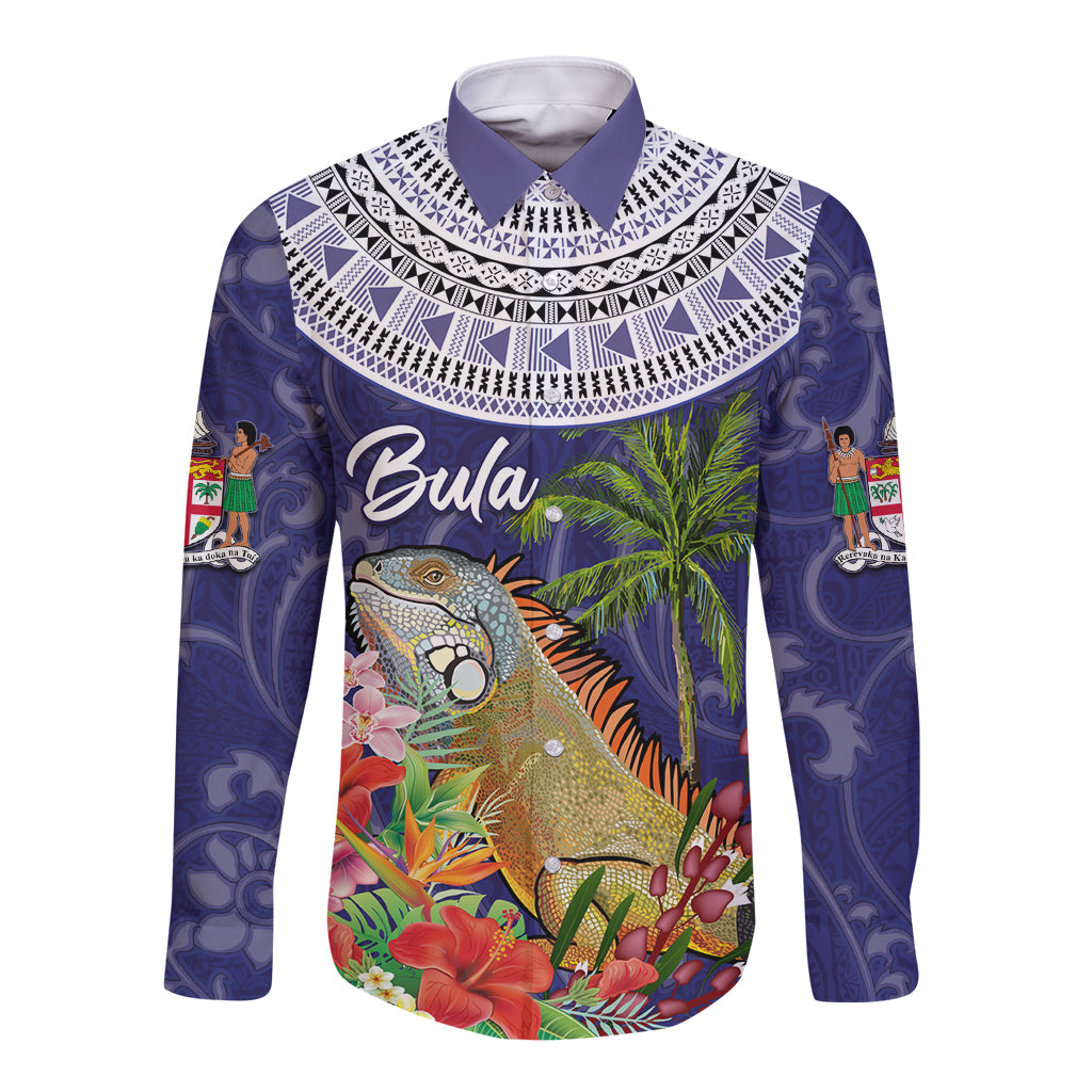 Bula Fiji Crested Iguana Long Sleeve Button Shirt Tagimaucia Tapa Tribal Blue Color LT03 Unisex Blue - Polynesian Pride