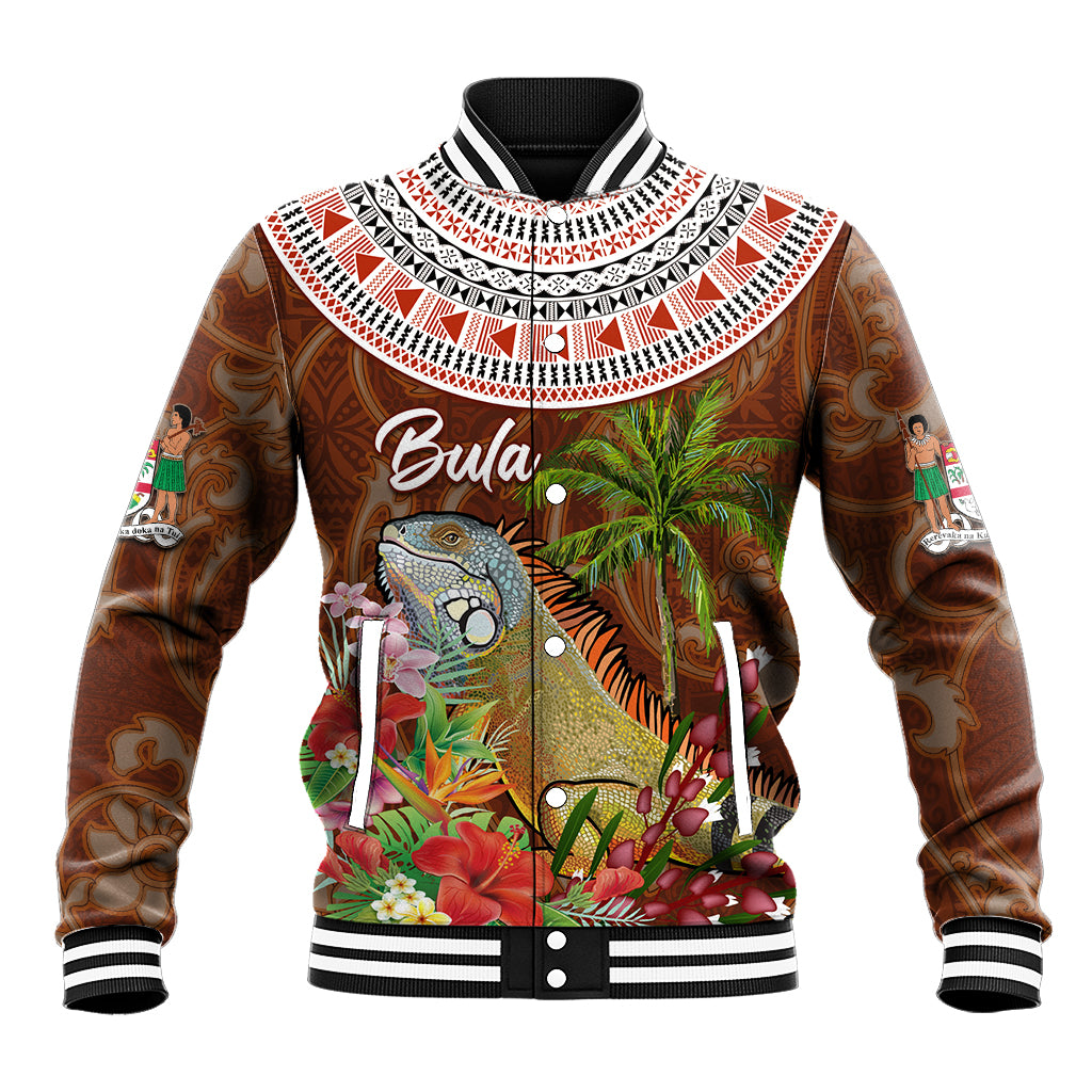 Bula Fiji Crested Iguana Baseball Jacket Tagimaucia Tapa Tribal Brown Color LT03 Unisex Brown - Polynesian Pride