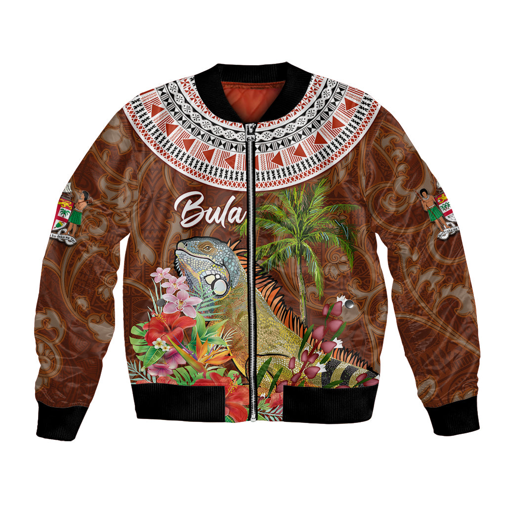 Bula Fiji Crested Iguana Bomber Jacket Tagimaucia Tapa Tribal Brown Color LT03 Unisex Brown - Polynesian Pride