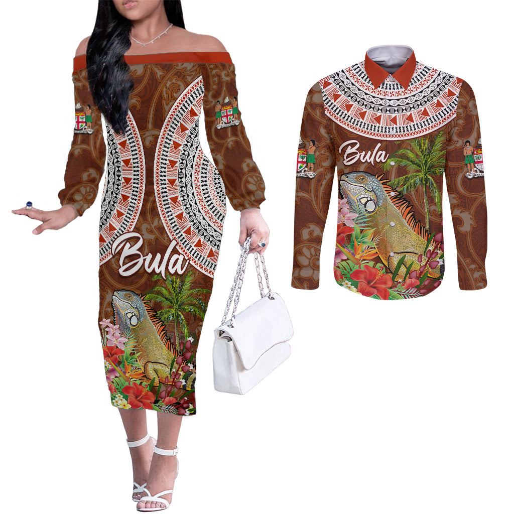 Bula Fiji Crested Iguana Couples Matching Off The Shoulder Long Sleeve Dress and Long Sleeve Button Shirt Tagimaucia Tapa Tribal Brown Color LT03 Brown - Polynesian Pride