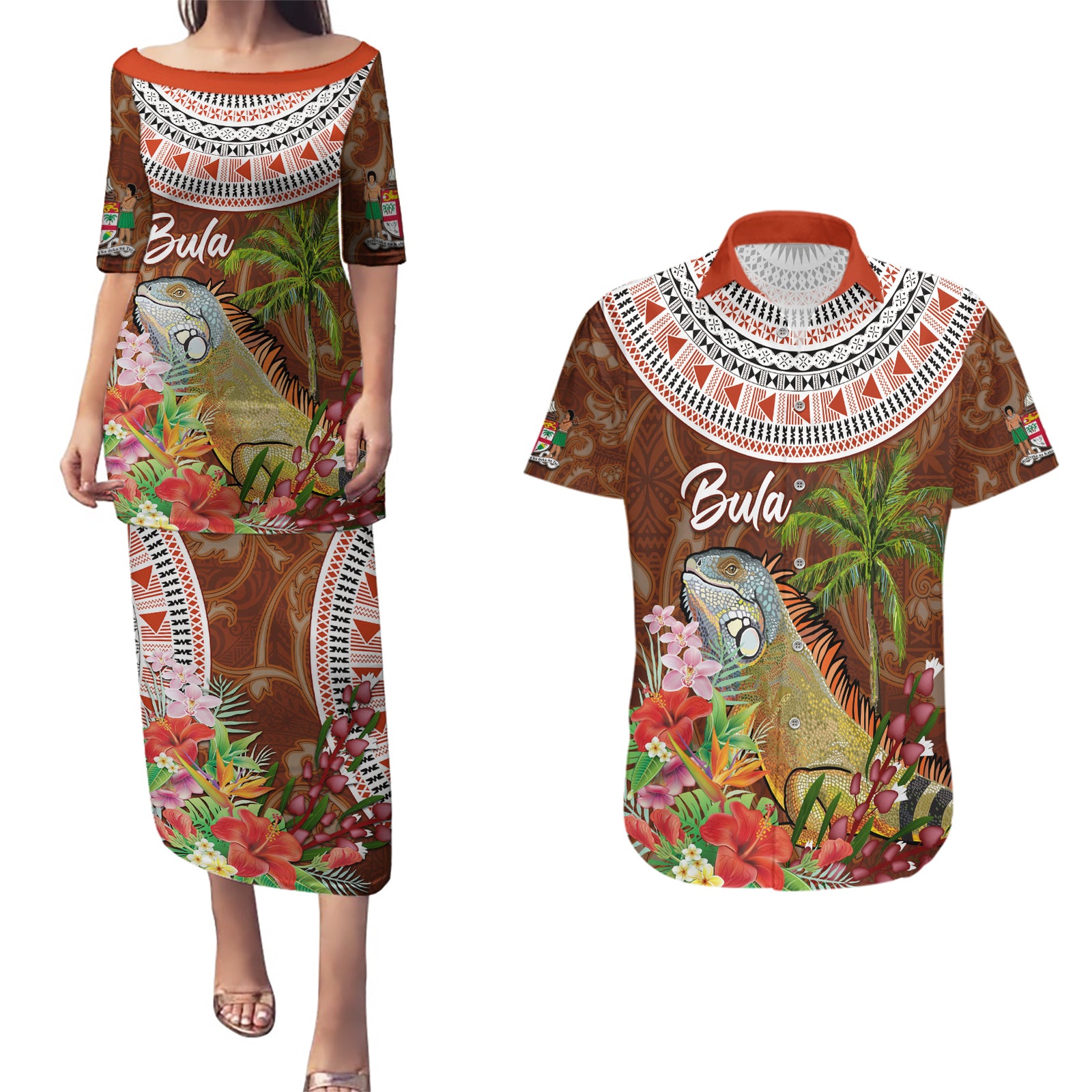 Bula Fiji Crested Iguana Couples Matching Puletasi and Hawaiian Shirt Tagimaucia Tapa Tribal Brown Color LT03 Brown - Polynesian Pride