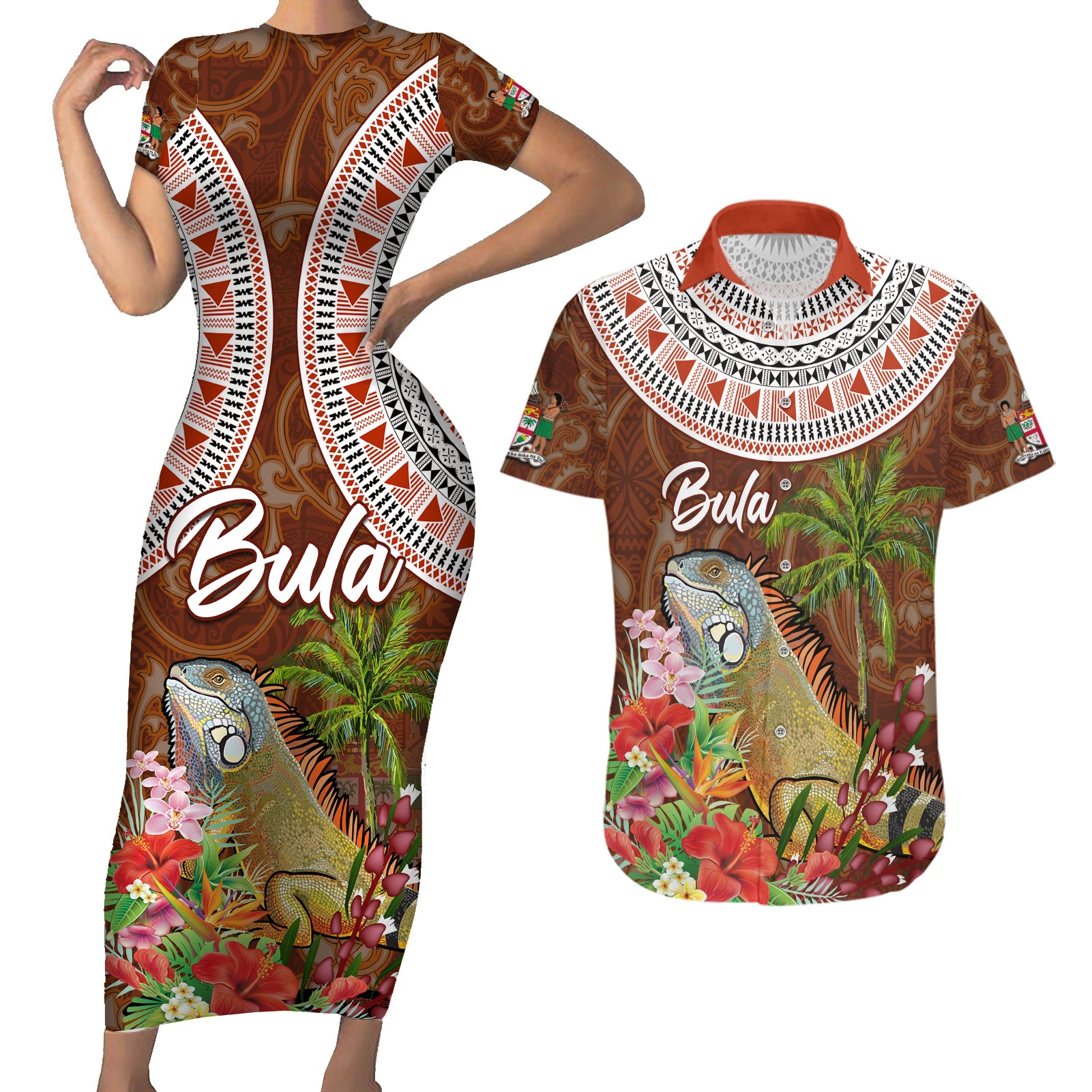 Bula Fiji Crested Iguana Couples Matching Short Sleeve Bodycon Dress and Hawaiian Shirt Tagimaucia Tapa Tribal Brown Color LT03 Brown - Polynesian Pride