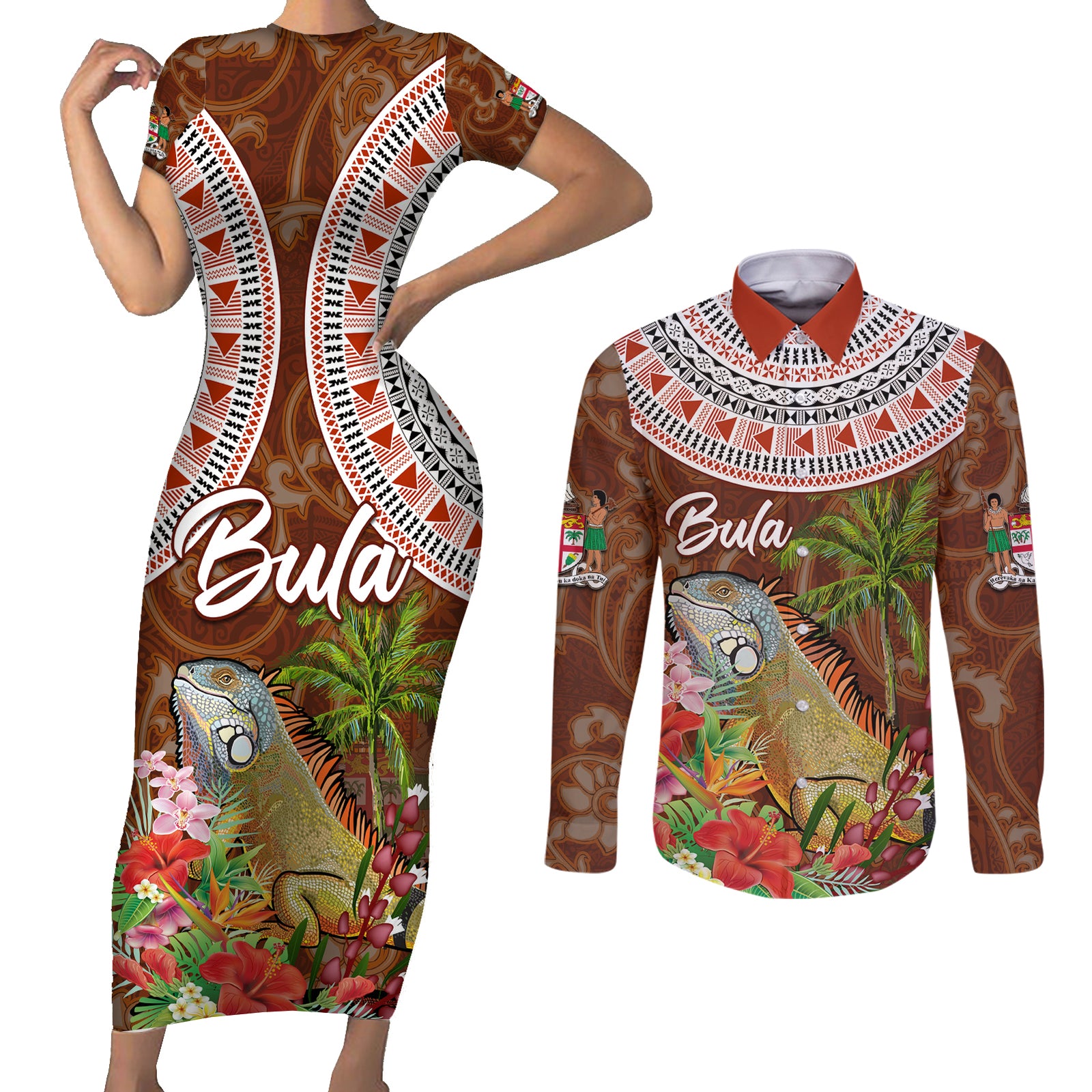 Bula Fiji Crested Iguana Couples Matching Short Sleeve Bodycon Dress and Long Sleeve Button Shirt Tagimaucia Tapa Tribal Brown Color LT03 Brown - Polynesian Pride