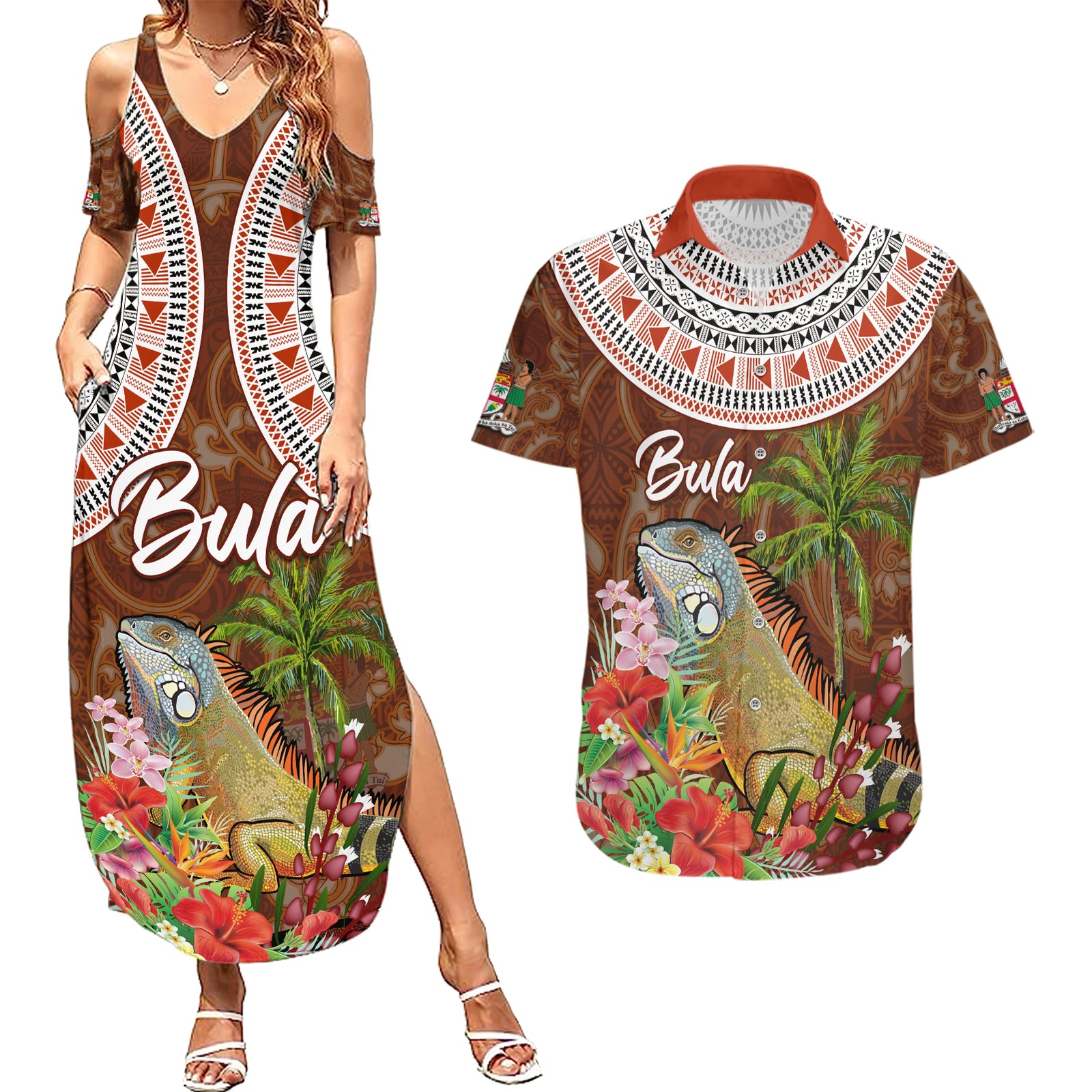 Bula Fiji Crested Iguana Couples Matching Summer Maxi Dress and Hawaiian Shirt Tagimaucia Tapa Tribal Brown Color LT03 Brown - Polynesian Pride