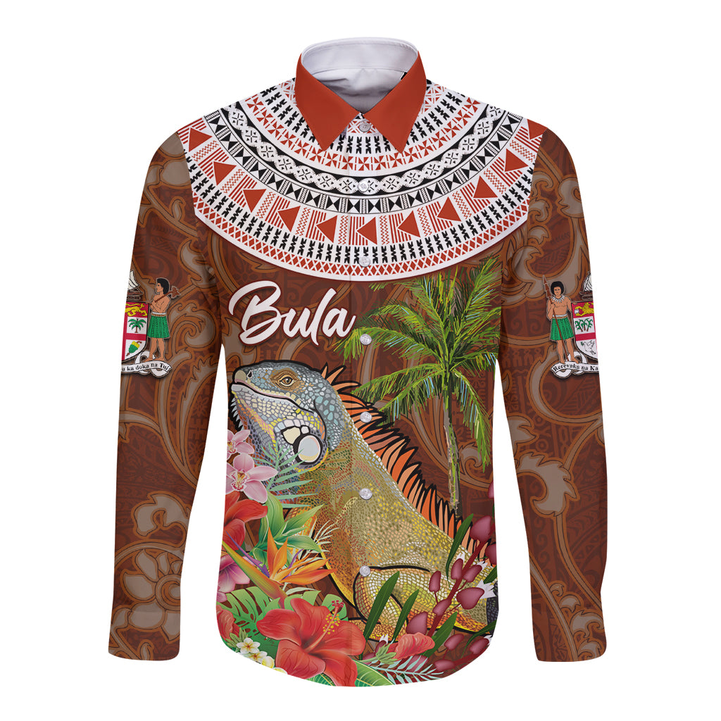 Bula Fiji Crested Iguana Long Sleeve Button Shirt Tagimaucia Tapa Tribal Brown Color LT03 Unisex Brown - Polynesian Pride