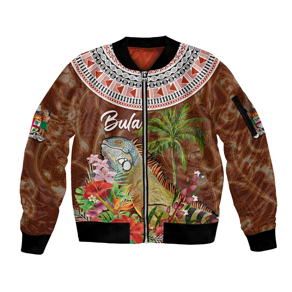 Bula Fiji Crested Iguana Sleeve Zip Bomber Jacket Tagimaucia Tapa Tribal Brown Color LT03 Unisex Brown - Polynesian Pride