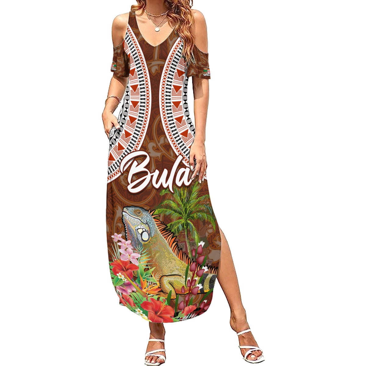 Bula Fiji Crested Iguana Summer Maxi Dress Tagimaucia Tapa Tribal Brown Color LT03 Women Brown - Polynesian Pride