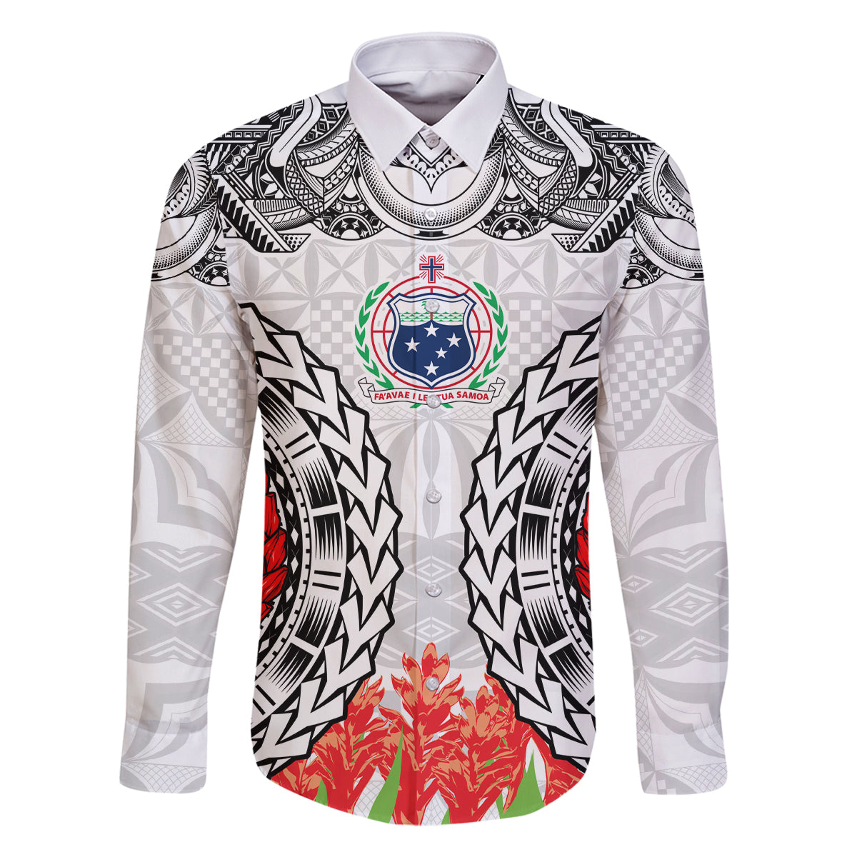 Samoa Siapo Ula Fala Family Matching Mermaid Dress and Hawaiian Shirt With Ginger Plant White Color LT03 Dad's Shirt - Long Sleeve White - Polynesian Pride