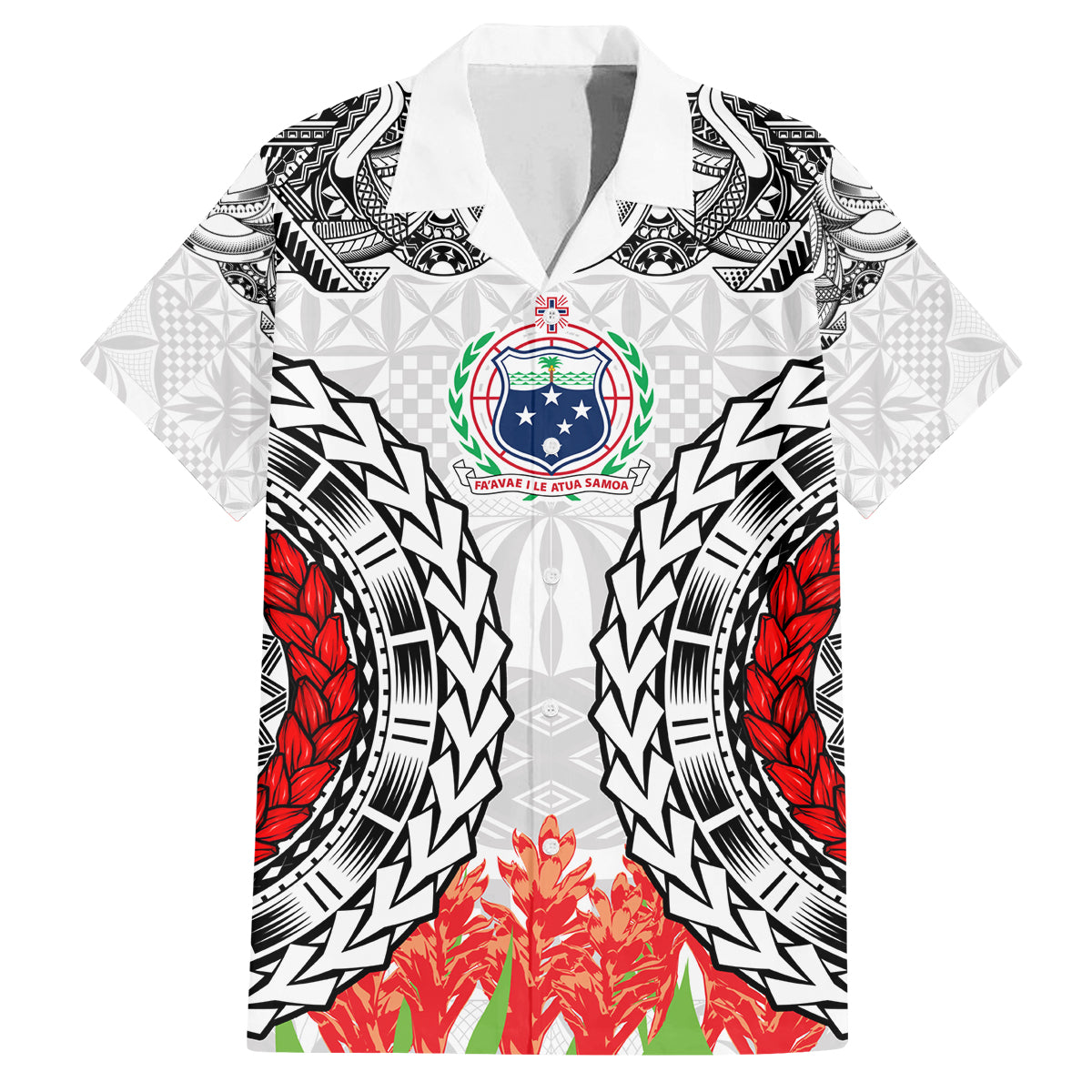 Samoa Siapo Ula Fala Family Matching Puletasi and Hawaiian Shirt With Ginger Plant White Color LT03 Dad's Shirt - Short Sleeve White - Polynesian Pride