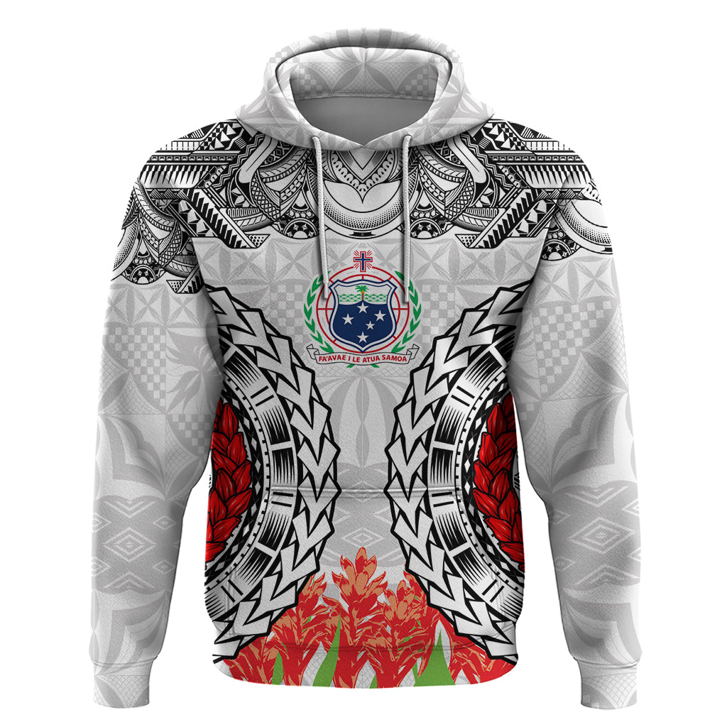 Samoa Siapo Ula Fala Hoodie With Ginger Plant White Color LT03 Pullover Hoodie White - Polynesian Pride