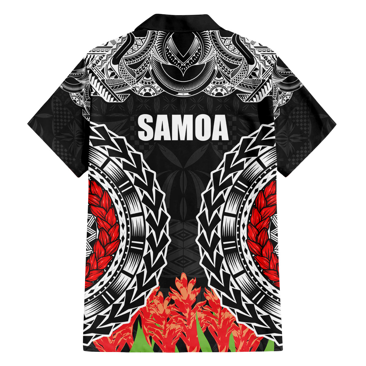 Samoa Siapo Ula Fala Family Matching Off Shoulder Maxi Dress and Hawaiian Shirt With Ginger Plant Black Color LT03 - Polynesian Pride