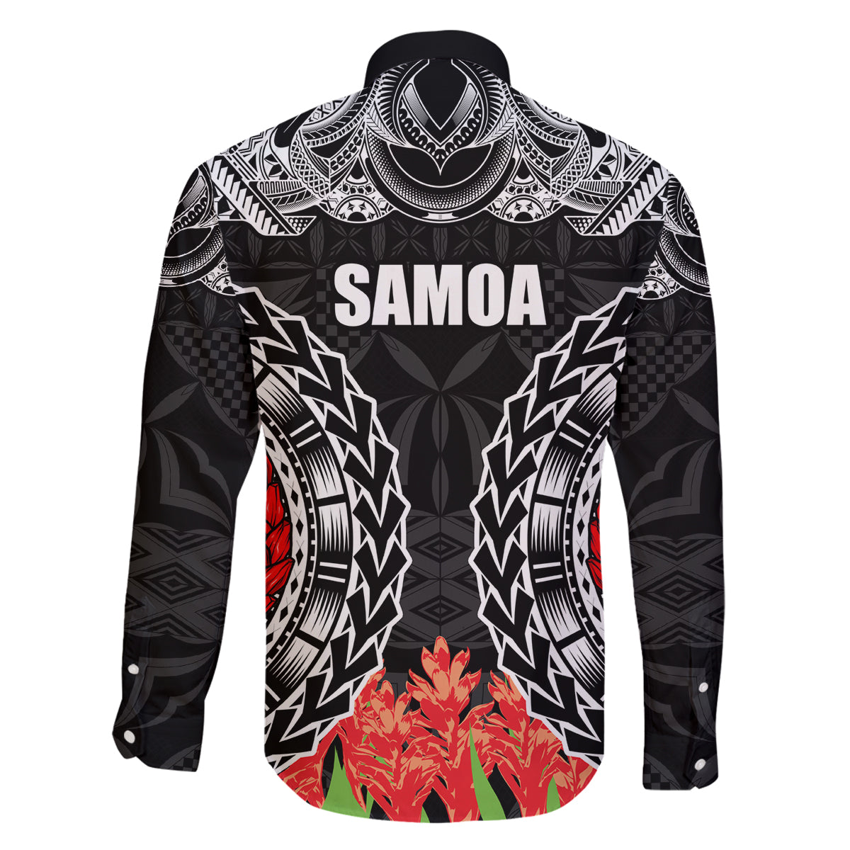 Samoa Siapo Ula Fala Family Matching Tank Maxi Dress and Hawaiian Shirt With Ginger Plant Black Color LT03 - Polynesian Pride
