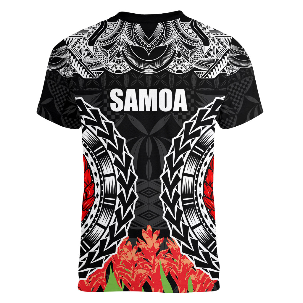 Samoa Siapo Ula Fala Women V Neck T Shirt With Ginger Plant Black Color LT03 - Polynesian Pride