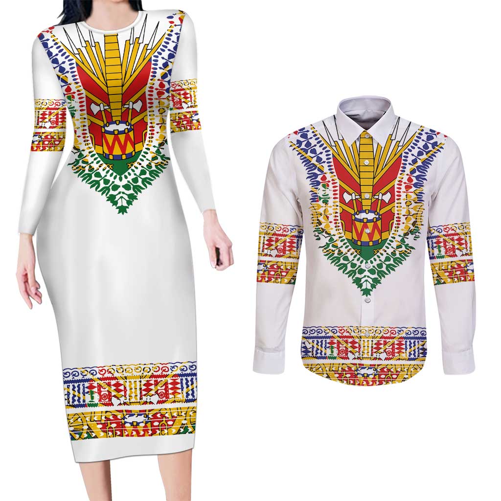 Haiti Flag Traditional Dashiki Couples Matching Long Sleeve Bodycon Dress and Long Sleeve Button Shirt White Color - Polynesian Pride