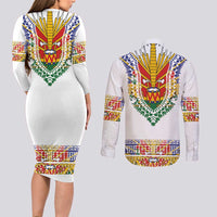 Haiti Flag Traditional Dashiki Couples Matching Long Sleeve Bodycon Dress and Long Sleeve Button Shirt White Color - Polynesian Pride