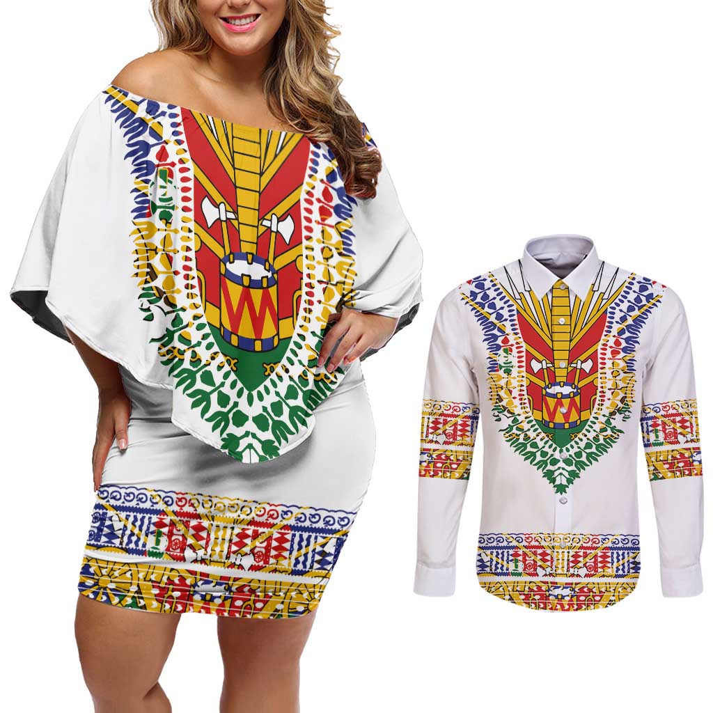 Haiti Flag Traditional Dashiki Couples Matching Off Shoulder Short Dress and Long Sleeve Button Shirt White Color - Polynesian Pride