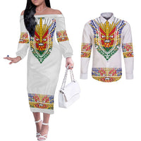 Haiti Flag Traditional Dashiki Couples Matching Off The Shoulder Long Sleeve Dress and Long Sleeve Button Shirt White Color - Polynesian Pride