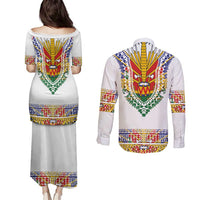 Haiti Flag Traditional Dashiki Couples Matching Puletasi and Long Sleeve Button Shirt White Color - Polynesian Pride