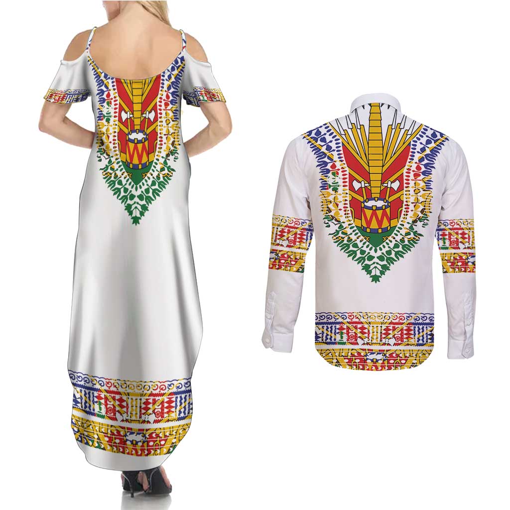 Haiti Flag Traditional Dashiki Couples Matching Summer Maxi Dress and Long Sleeve Button Shirt White Color - Polynesian Pride