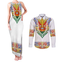 Haiti Flag Traditional Dashiki Couples Matching Tank Maxi Dress and Long Sleeve Button Shirt White Color - Polynesian Pride