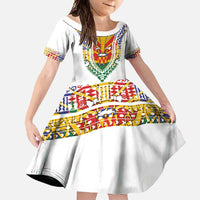 Haiti Flag Traditional Dashiki Family Matching Long Sleeve Bodycon Dress and Hawaiian Shirt White Color LT03 Daughter's Dress White - Polynesian Pride