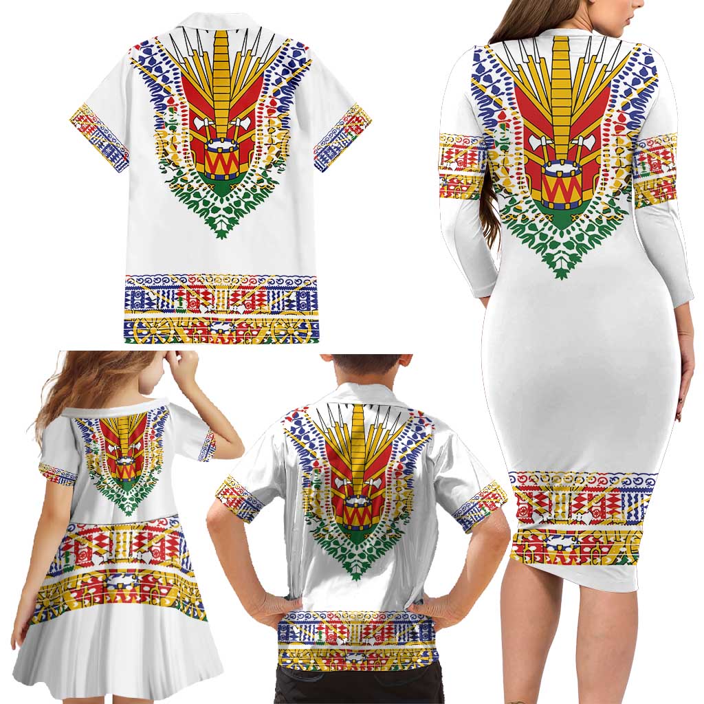 Haiti Flag Traditional Dashiki Family Matching Long Sleeve Bodycon Dress and Hawaiian Shirt White Color LT03 - Polynesian Pride