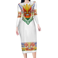 Haiti Flag Traditional Dashiki Family Matching Long Sleeve Bodycon Dress and Hawaiian Shirt White Color LT03 Mom's Dress White - Polynesian Pride