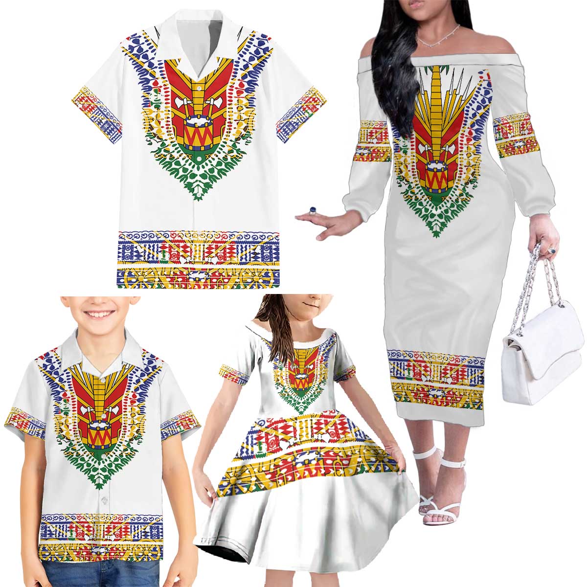 Haiti Flag Traditional Dashiki Family Matching Off The Shoulder Long Sleeve Dress and Hawaiian Shirt White Color - Polynesian Pride