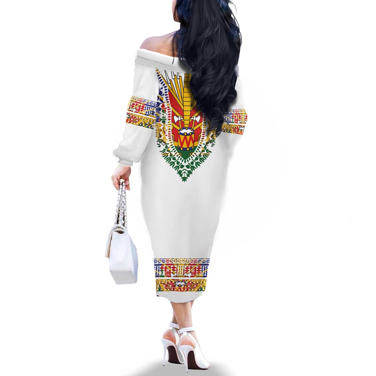Haiti Flag Traditional Dashiki Family Matching Off The Shoulder Long Sleeve Dress and Hawaiian Shirt White Color - Polynesian Pride