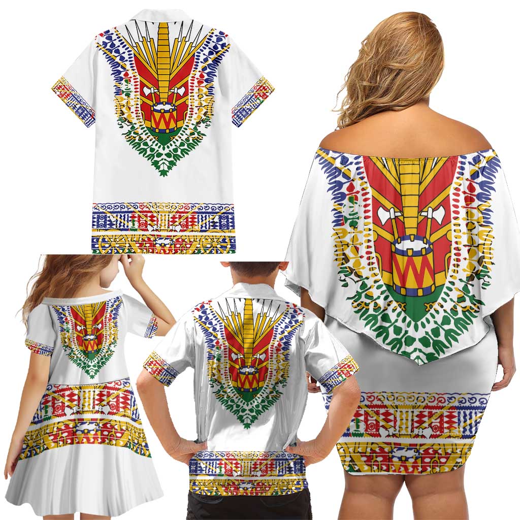Haiti Flag Traditional Dashiki Family Matching Off Shoulder Short Dress and Hawaiian Shirt White Color - Polynesian Pride