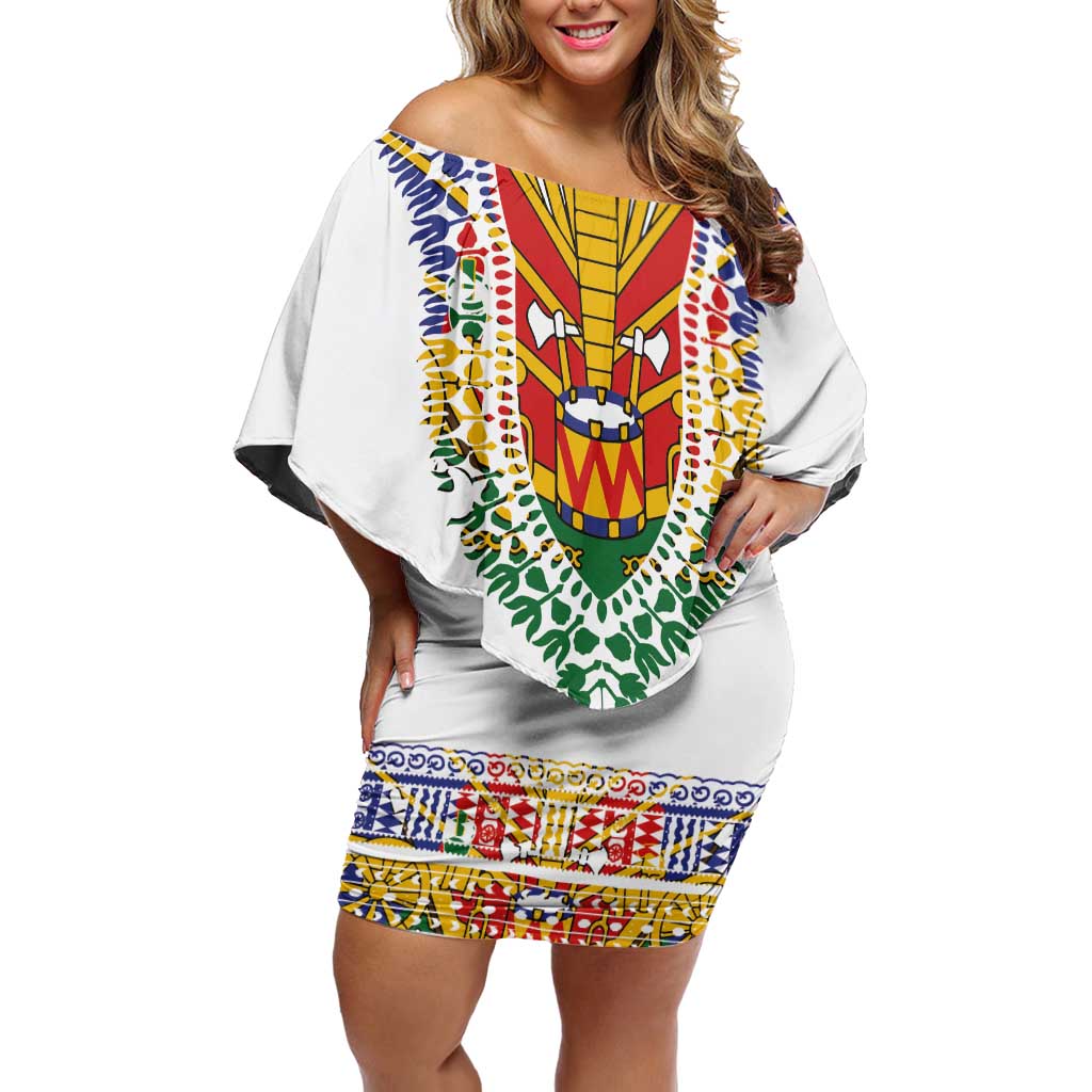 Haiti Flag Traditional Dashiki Family Matching Off Shoulder Short Dress and Hawaiian Shirt White Color - Polynesian Pride