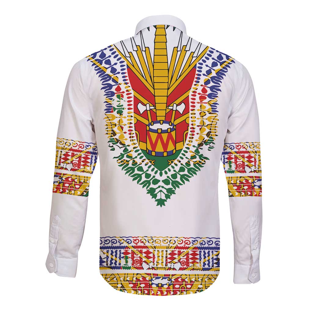 Haiti Flag Traditional Dashiki Long Sleeve Button Shirt White Color - Polynesian Pride