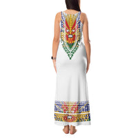Haiti Flag Traditional Dashiki Tank Maxi Dress White Color - Polynesian Pride
