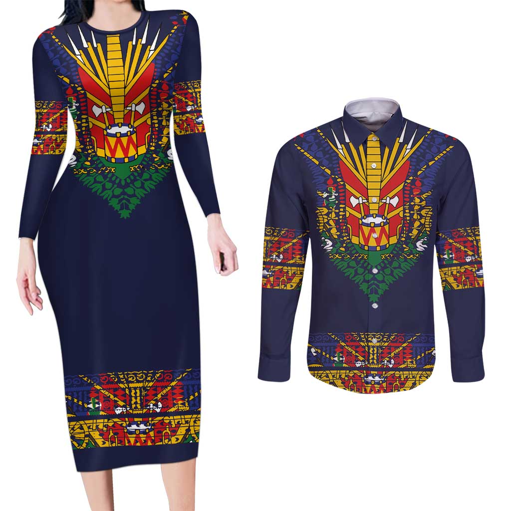 Haiti Flag Traditional Dashiki Couples Matching Long Sleeve Bodycon Dress and Long Sleeve Button Shirt Black Color - Polynesian Pride