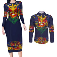 Haiti Flag Traditional Dashiki Couples Matching Long Sleeve Bodycon Dress and Long Sleeve Button Shirt Black Color - Polynesian Pride