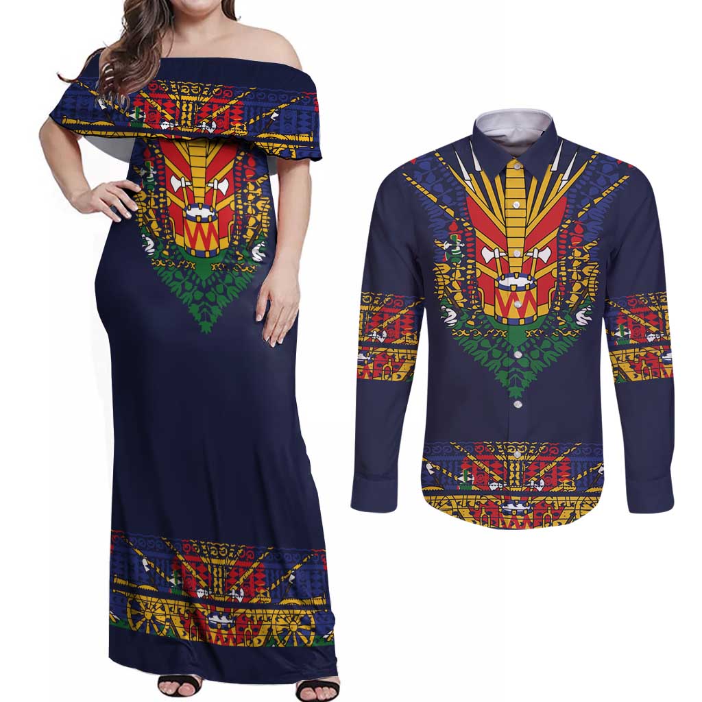 Haiti Flag Traditional Dashiki Couples Matching Off Shoulder Maxi Dress and Long Sleeve Button Shirt Black Color - Polynesian Pride