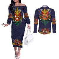 Haiti Flag Traditional Dashiki Couples Matching Off The Shoulder Long Sleeve Dress and Long Sleeve Button Shirt Black Color - Polynesian Pride
