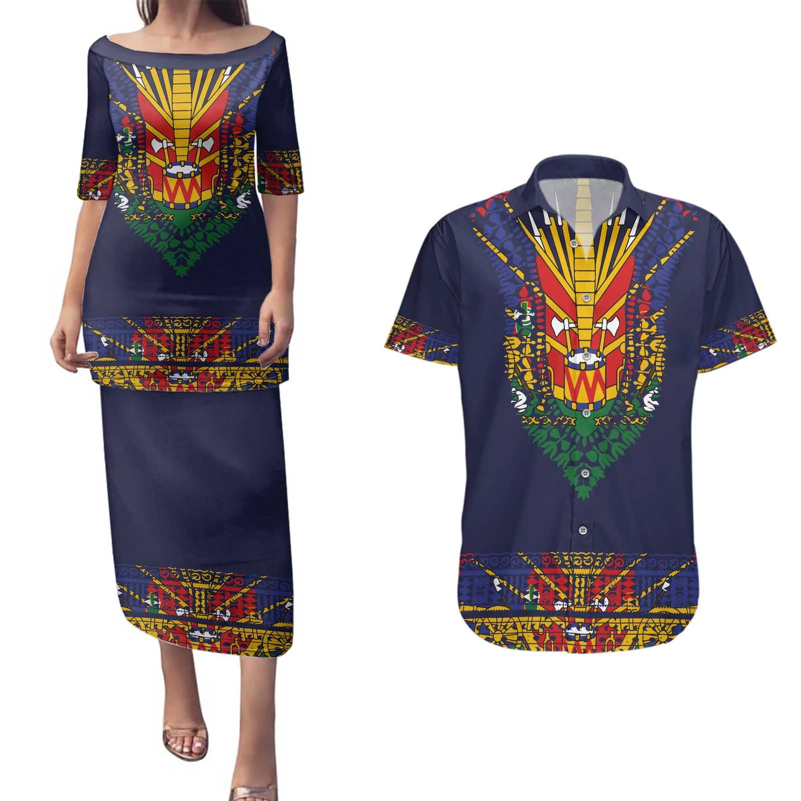 Haiti Flag Traditional Dashiki Couples Matching Puletasi and Hawaiian Shirt Black Color - Polynesian Pride