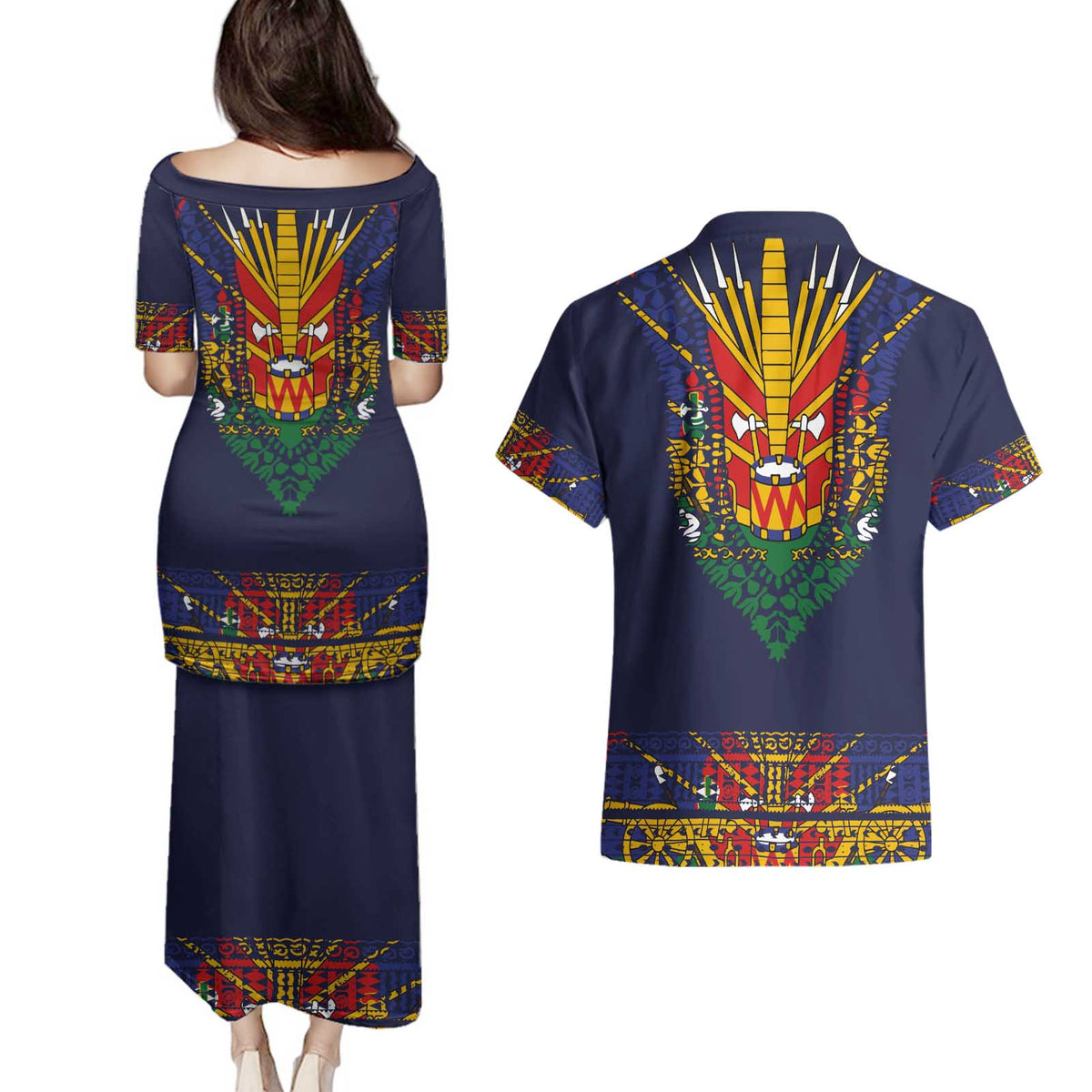 Haiti Flag Traditional Dashiki Couples Matching Puletasi and Hawaiian Shirt Black Color - Polynesian Pride