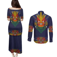 Haiti Flag Traditional Dashiki Couples Matching Puletasi and Long Sleeve Button Shirt Black Color - Polynesian Pride