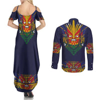 Haiti Flag Traditional Dashiki Couples Matching Summer Maxi Dress and Long Sleeve Button Shirt Black Color - Polynesian Pride