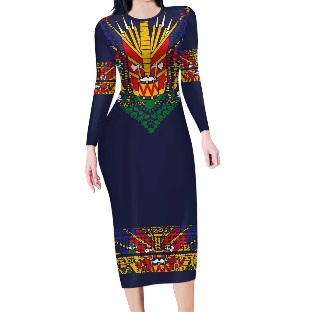 Haiti Flag Traditional Dashiki Family Matching Long Sleeve Bodycon Dress and Hawaiian Shirt Black Color LT03 Mom's Dress Black - Polynesian Pride